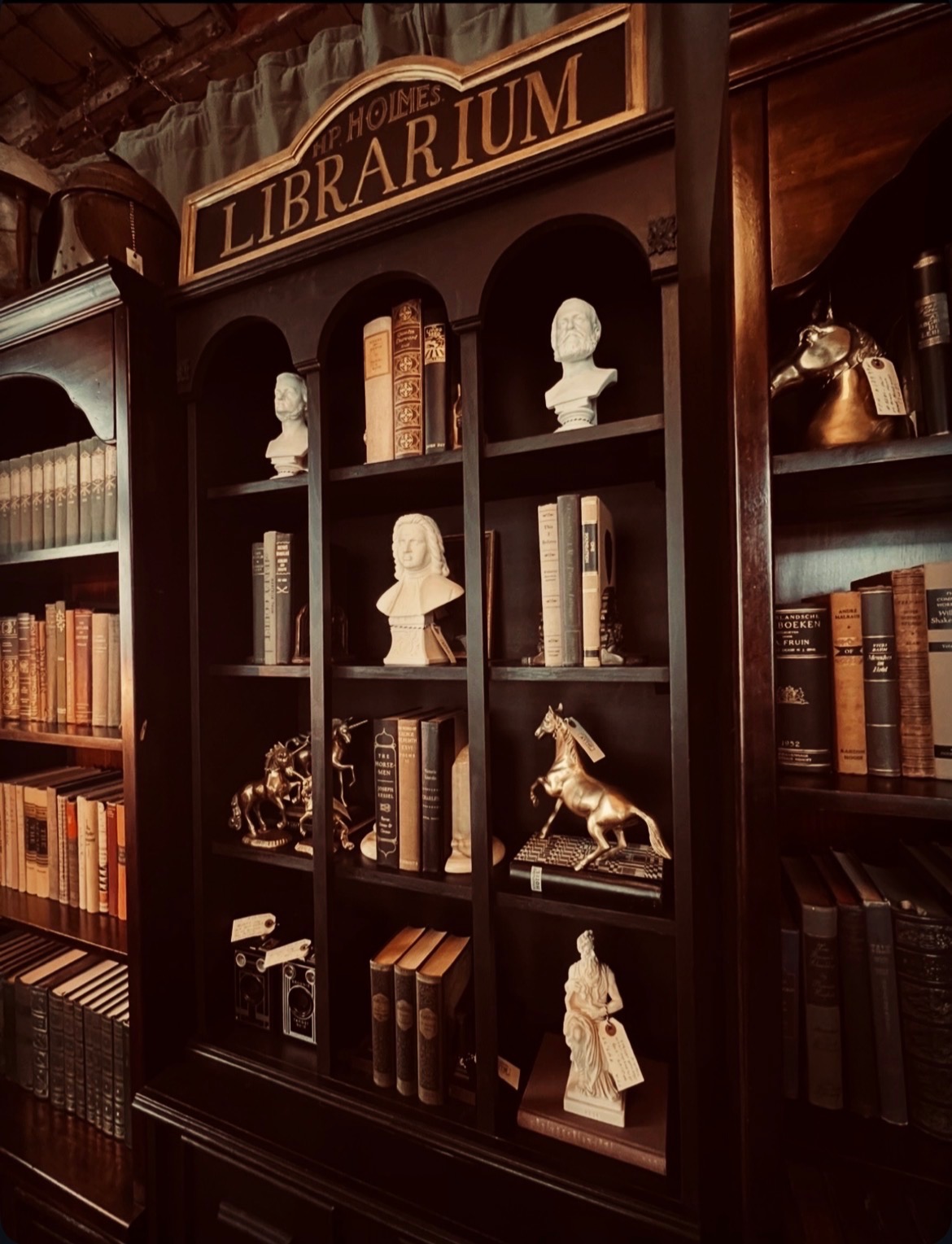 Dark wood bookcase labeled “Librarium,” filled with antique books, classical busts, and brass horse figurines.