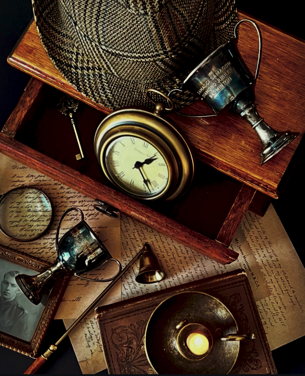 Flat lay of vintage curiosities—pocket watch, brass key, goblets, magnifying glass, handwritten letters, and candlelight.